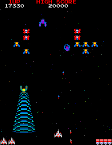 Galaga gameplay on a CRT screen